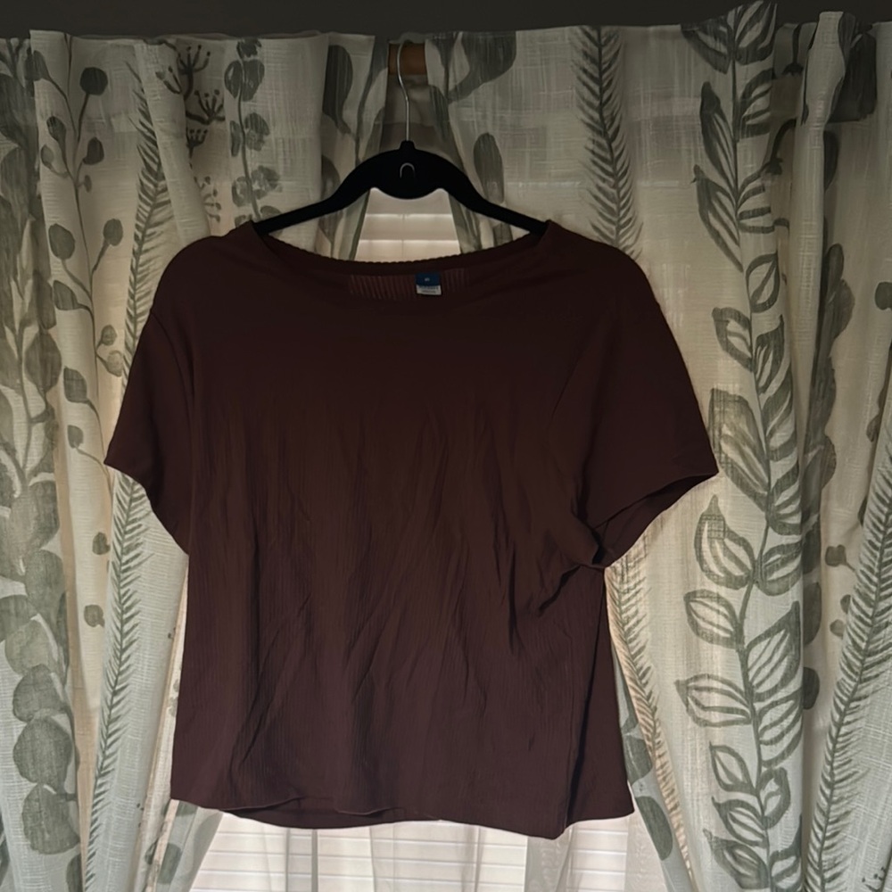 Women's Brown Basic Top- Scalloped Neck Line